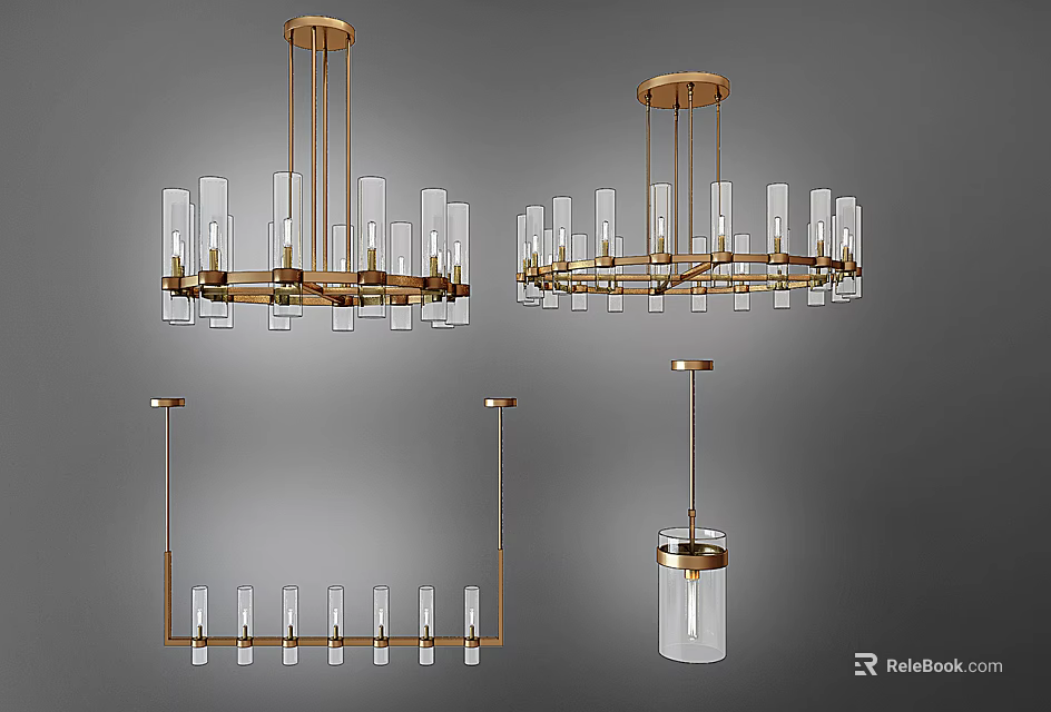 Modern Gold Frame Clear Glass Chandeliers With Circular Linear And Single Designs 3d model 