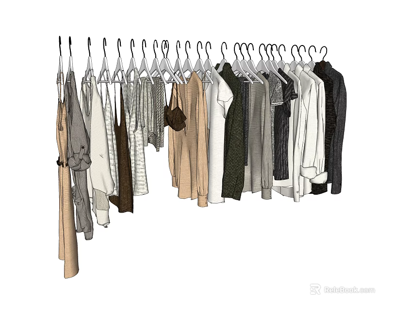 Assorted Clothes Hanging On Hangers With Various Styles And Colors Neatly Arranged 3d model 