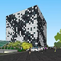 Modern Office Building With Black White Square Facade Green Roof And Landscaping