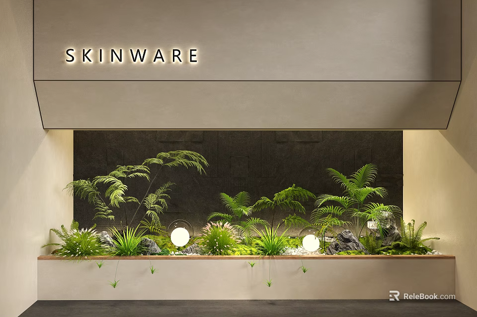 Modern Indoor Landscape With SKINWARE Lush Fern Plants Round Lights And Stones 3d model 