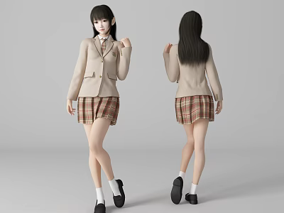Woman In School Uniform With Beige Blazer Plaid Skirt Front And Back Views 3d model