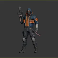 Futuristic Hooded Character In Blue Orange Tactical Outfit Holding Rifle And Combat Knife