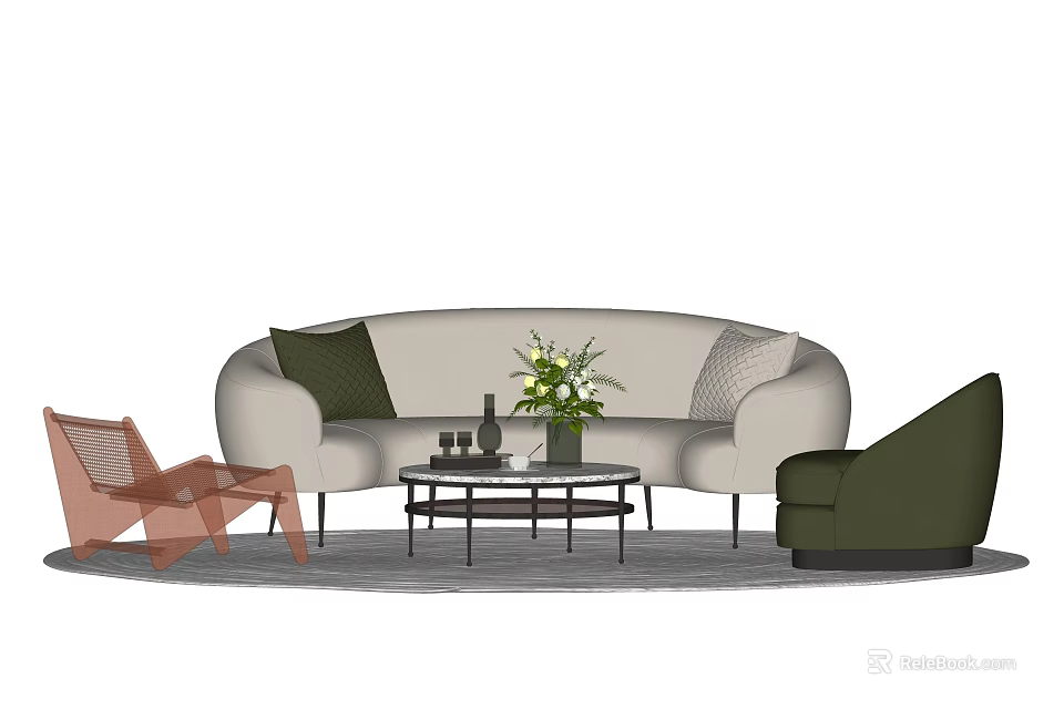 Modern Beige Sofa and Coffee Table Set with Green Armchair Floral Vase and Wine Glasses 3d model 