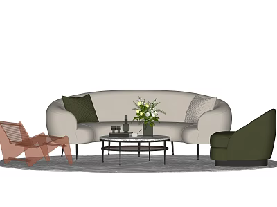 Modern Beige Sofa and Coffee Table Set with Green Armchair Floral Vase and Wine Glasses 3d model