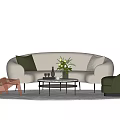 Modern Beige Sofa and Coffee Table Set with Green Armchair Floral Vase and Wine Glasses