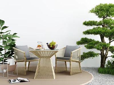 Serene Courtyard Garden Design With Woven Rattan Table And Chairs Fruit Drinks And Green Plants 3d model