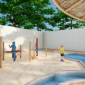 Outdoor Children Playground With Sand Area Blue Water Channels And Green Trees