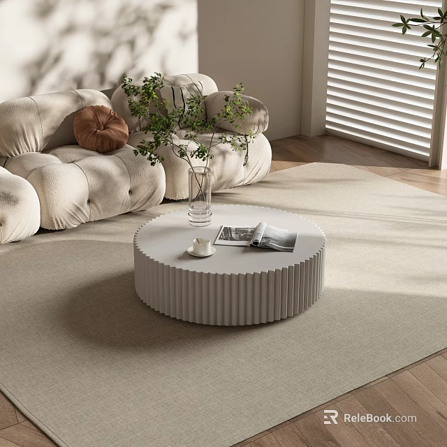 Round Fluted White Coffee Table With Vase Green Plants Magazine In Modern Living Room 3d model 