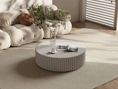 Round Fluted White Coffee Table With Vase Green Plants Magazine In Modern Living Room 3d model