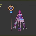 Woman in blue white dress with pink hair holding golden staff with heart blue gem