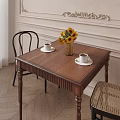 Wooden Dining Table And Chairs With Sunflower Vase White Cups On Decorative Wall Wooden Floor