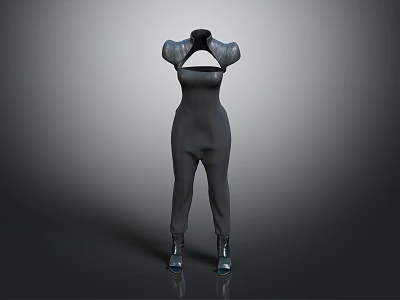 Stylish Black Jumpsuit With Unique Shoulder Cut And Ankle Boots Fashion Look 3d model