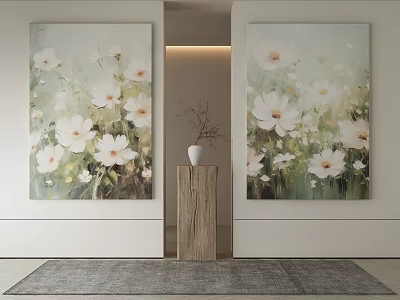 Abstract Paintings Featuring White Flowers Soft Green Tones Hanging On White Walls With Wooden Pedestal 3d model