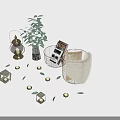 Stylish Decorative Ornament Set With Lantern Plant Magazine Basket Fur Blanket And Geometric Candle