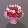 Red Velvet Cake With White Cream Topping On Pink Cake Stand And Sliced Piece