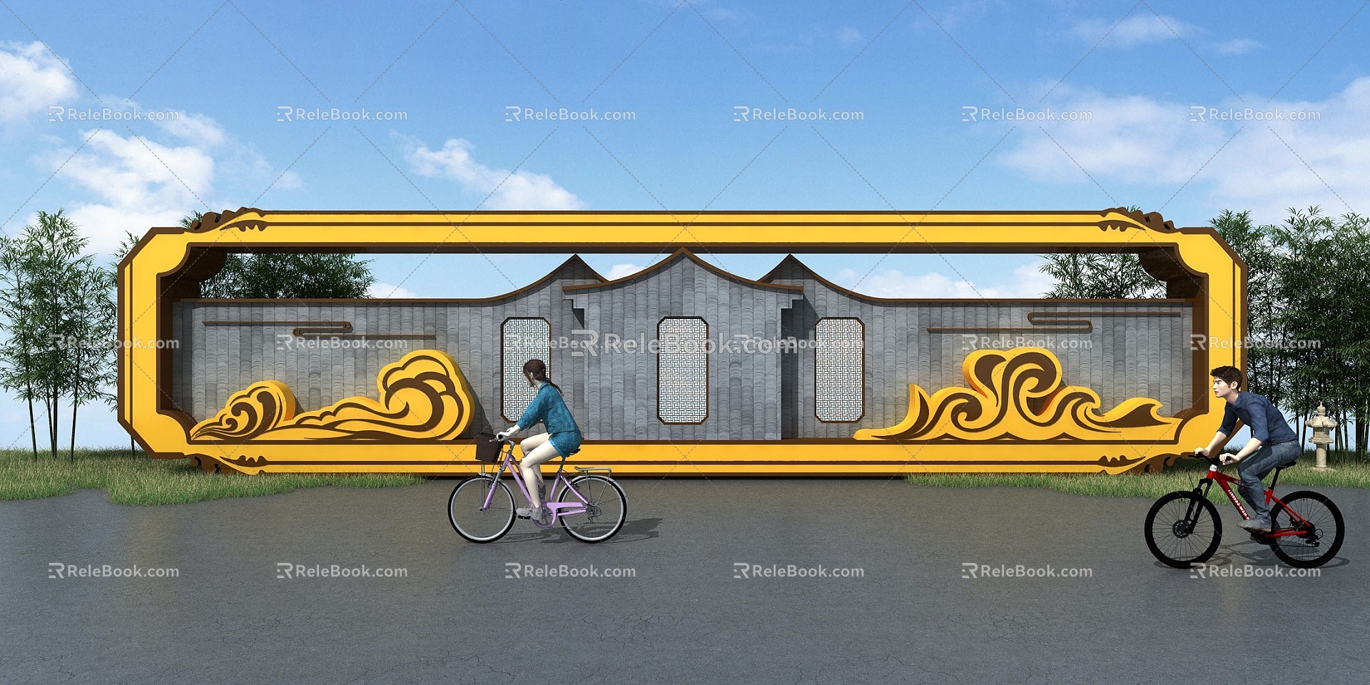 Chinese-style Bamboo Lawn Yunshan Riding Bicycle Figure Riding Advertising Wall Display Board Garden Landscape 3d model