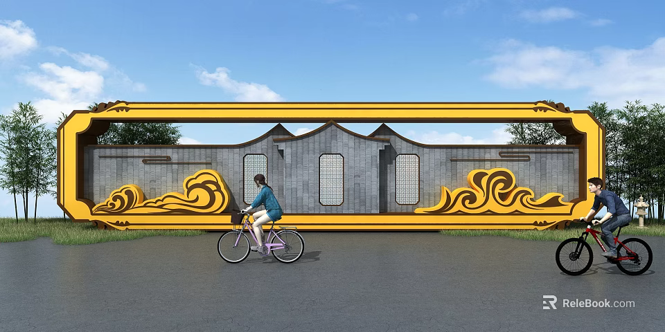 Traditional Yellow Wave Pattern Landscape Sculptures On Gray Wall With Cyclist Under Blue Sky 3d model 