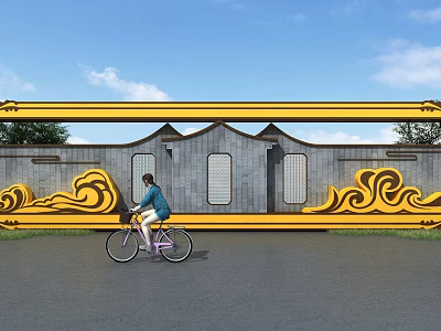 Traditional Yellow Wave Pattern Landscape Sculptures On Gray Wall With Cyclist Under Blue Sky 3d model