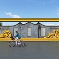 Chinese-style Bamboo Lawn Yunshan Riding Bicycle Figure Riding Advertising Wall Display Board Garden Landscape 3d model