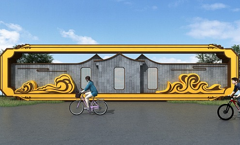 Chinese-style Bamboo Lawn Yunshan Riding Bicycle Figure Riding Advertising Wall Display Board Garden Landscape 3d model