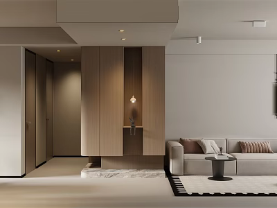 Modern Minimalist Living Dining Room With Wooden Cabinets Sofa Pendant Light And Rug 3d model