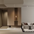 Modern Minimalist Living Dining Room With Wooden Cabinets Sofa Pendant Light And Rug