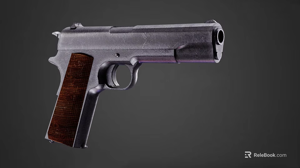 Vintage Pistol Featuring Silver Metal Body And Dark Wooden Grip On Gray Background 3d model 
