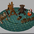 Children's Toy Scene With Wooden Carousel Teddy Bear Doll And Train On Blue Snowflake Carpet