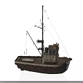 Small Fishing Boat With Mast Crane Cabin And Brown Hull Design