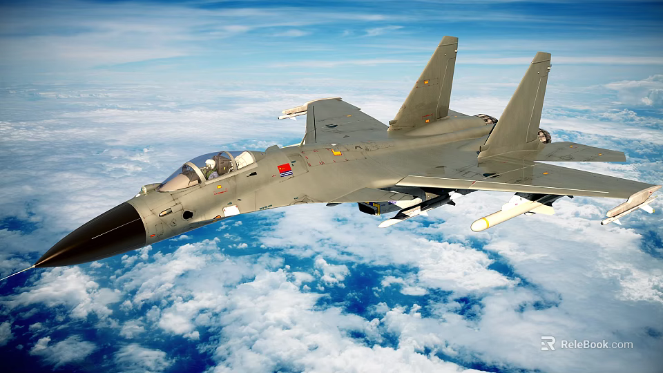 Military Fighter Jet Flying High Above Cloudy Blue Sky With Weapons 3d model 