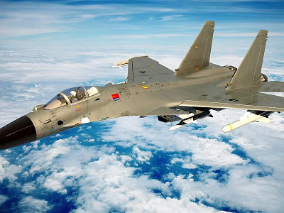 Military Fighter Jet Flying High Above Cloudy Blue Sky With Weapons 3d model