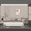 Modern Bedroom Interior With Striped Wall Paneling Glass Door Wardrobe Round Mirror And Green Plants
