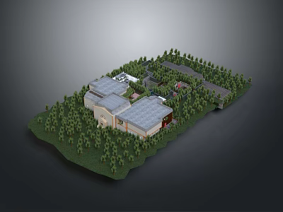 3D Architectural Residential Model Surrounded By Green Trees And Curved Driveway 3d model