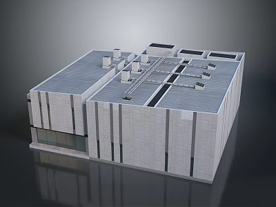 Modern Commercial Building Exterior With Gray Facade Vertical Lines And Roof Vents 3d model