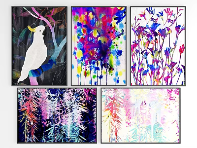 Vibrant Oil Paintings Featuring White Parrot Flowers Abstract Trees And Natural Designs 3d model