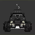Black Modified Off-Road Truck with Roof Cabin Large Tires Front Spiked Attachments and Top Flag