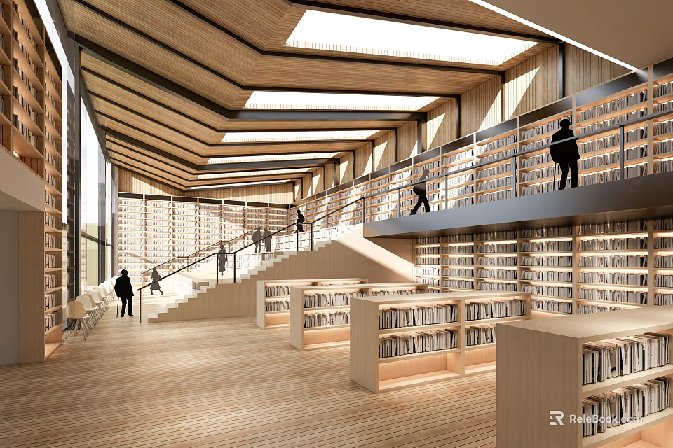 Modern Library Art Interior Design With Wooden Bookshelves Skylights And Natural Light 3d model 