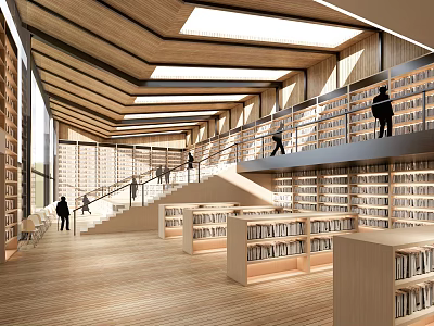 Modern Library Art Interior Design With Wooden Bookshelves Skylights And Natural Light 3d model