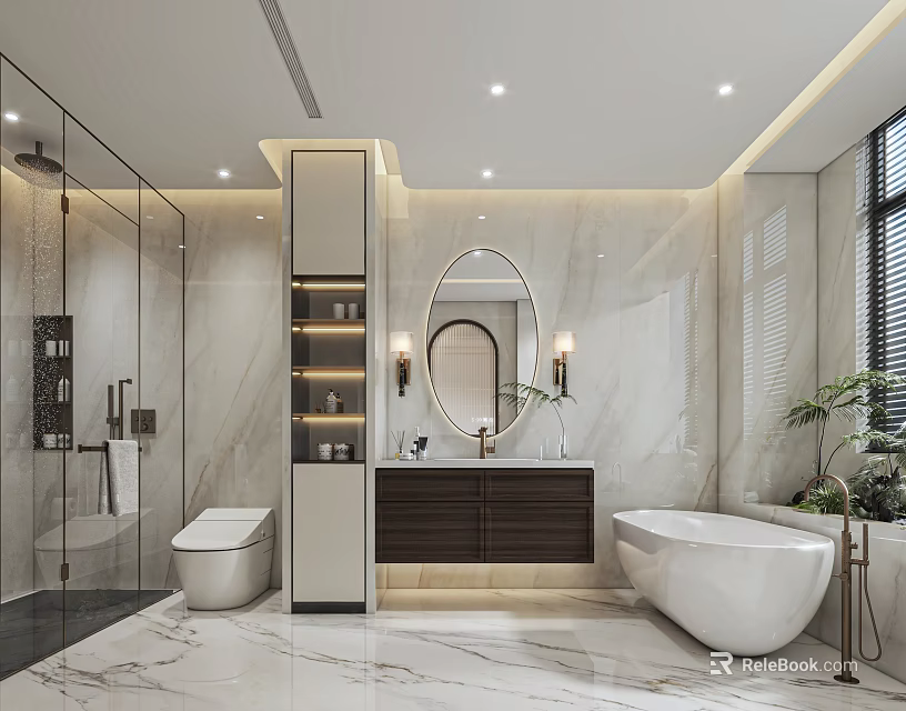 Modern Bathroom With Marble Walls Floors Standalone Bathtub Round Mirror Glass Shower Toilet Vanity Plants 3d model 