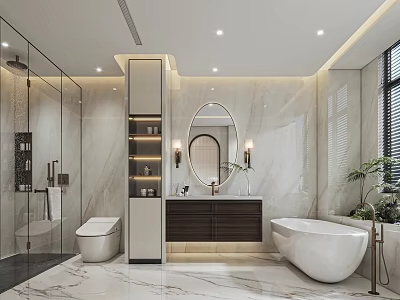 Modern Bathroom With Marble Walls Floors Standalone Bathtub Round Mirror Glass Shower Toilet Vanity Plants 3d model