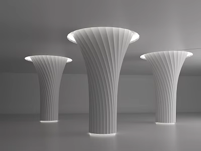 Three White Curved Columns With Illuminated Base In Gray Interior Space 3d model
