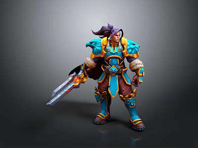 Man With Purple Hair In Blue And Gold Armor Holding Flaming Sword Heroic Stance 3d model