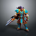 Man With Purple Hair In Blue And Gold Armor Holding Flaming Sword Heroic Stance