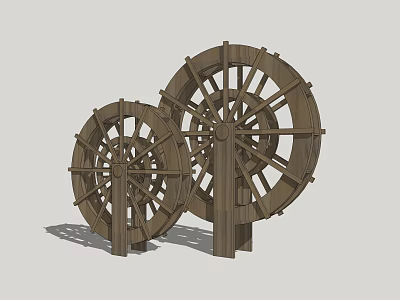 Two Vintage Wooden Water Wheels With Intricate Spoke Design Structures 3d model