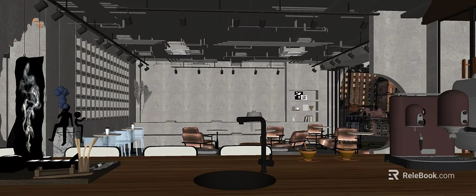 Modern Office Interior Design With Wooden Desk Leather Chairs And Ceiling Lighting 3d model 