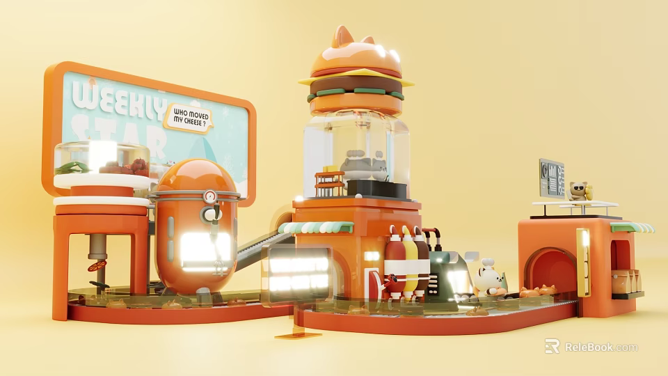 Playful Giant Burger Art Installation with Orange Structures Slide Small House and Rabbit 3d model 