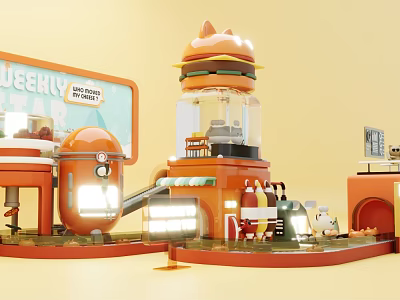 Playful Giant Burger Art Installation with Orange Structures Slide Small House and Rabbit 3d model