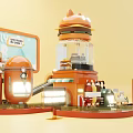Playful Giant Burger Art Installation with Orange Structures Slide Small House and Rabbit