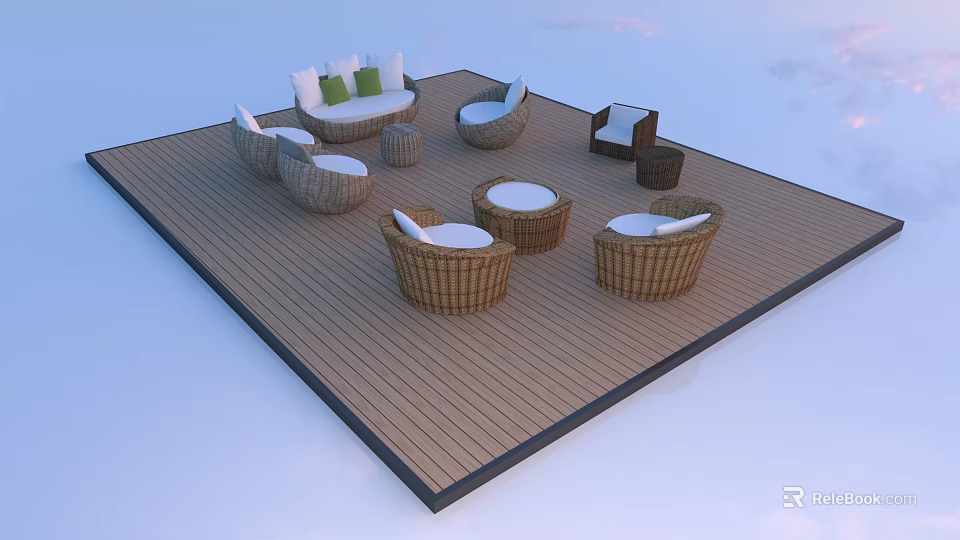 Wicker Outdoor Sofa Set With Green Cushions On Wooden Deck And Round Coffee Tables 3d model 