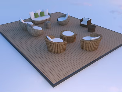 Wicker Outdoor Sofa Set With Green Cushions On Wooden Deck And Round Coffee Tables 3d model
